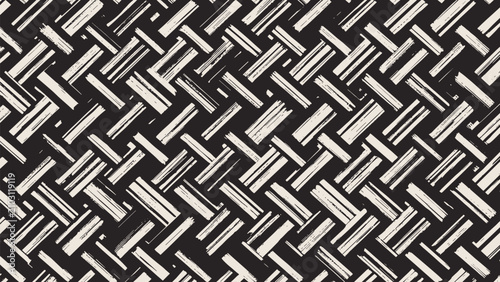 Textured seamless pattern featuring a distressed woven or basket-weave design, creating a rustic and graphic aesthetic in stark black and white.