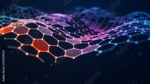 3d render of a glowing hexagonal mesh surface with gradient colors