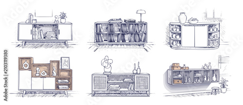 Cuadro en lienzo Furniture line art drawings set of mid century modern sideboard units, minimalist wood credenza sketches with home decor, shelving, vinyl records, and books in hand drawn engraving vector style