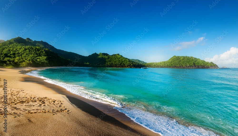 Obraz premium Sandy Beach With Calm Turquoise Waters Lush Green Mountains At Sunrise Under A Clear Blue Sky