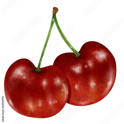 Watercolor Pair of Sweet Cherries with Stems Isolated on Transparent Background