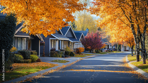 Peaceful neighborhood street lined with colorful autumn trees and cozy houses