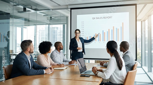 Female Manager Conducting Corporate Training and Presenting Sales Report on Screen to Team