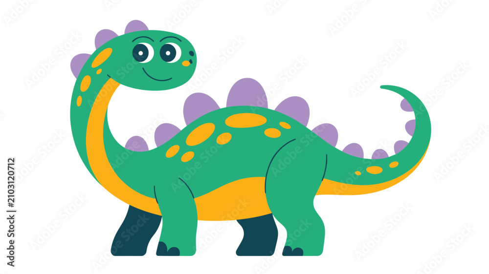 Fototapeta premium Adorable cartoon illustration of a green dinosaur with yellow spots and purple spines on a white background.