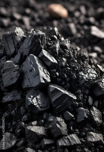 Pile of black coal lumps an...