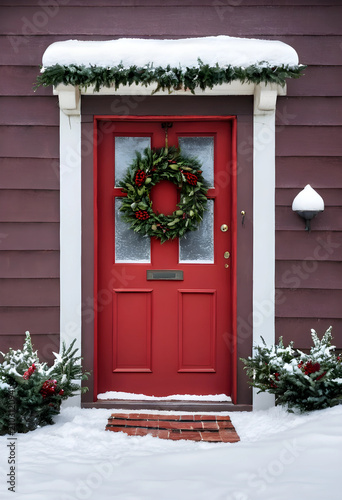 Red front door with a festi...