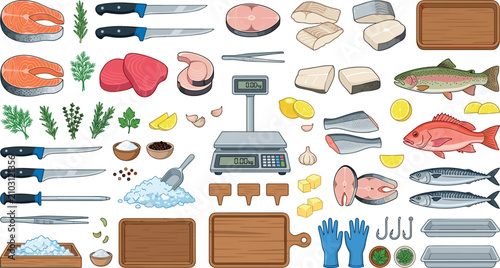 Canvastavla Fresh fish market cutting elements set with salmon tuna steaks digital scales an