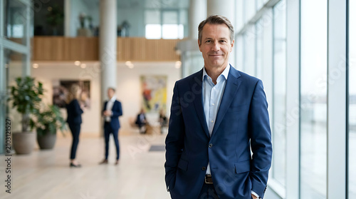 Portrait of Smiling Middle Aged Businessman in Suit Standing in Modern Office Building Lobby