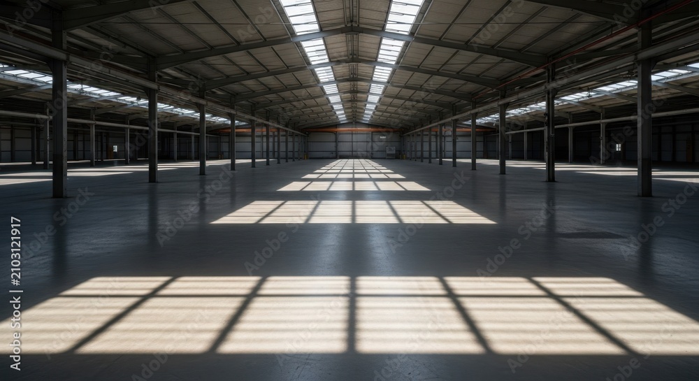 Obraz premium Vast industrial warehouse interior with sunlight casting geometric shadows across the concrete floor and ceiling