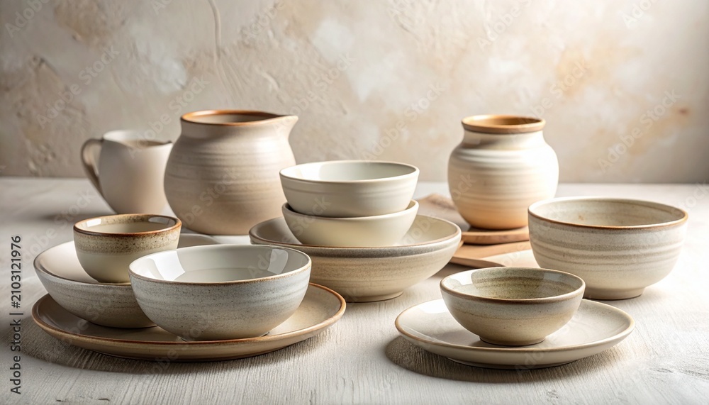 Fototapeta premium Handcrafted Ceramic Tableware in Neutral Tones on Rustic Table