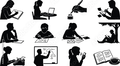 Foto Set of black silhouette representing people engaged in writing, studying, workin