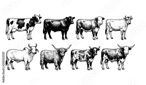 Foto Detailed black and white hand-drawn style vector illustration of a collection of various breeds of cows and bulls on white background