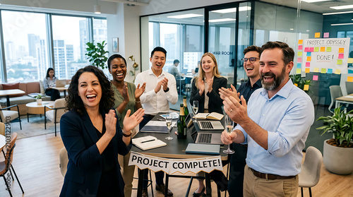 Diverse Business Team Applauding and Celebrating Project Success in Office Meeting Room