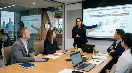 Executive Presenting Project Strategy on Whiteboard to Colleagues in Glass Conference Room