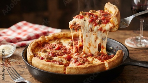 Hot Deep Dish Chicago Pizza Slice with Melting Mozzarella Cheese Pull