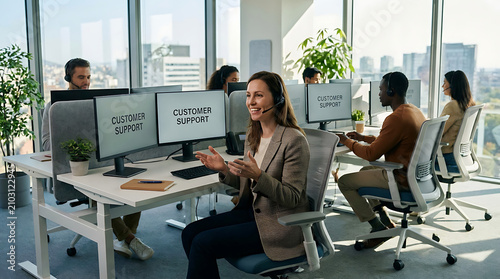 Customer Support Agent with Headset Speaking and Assisting Clients in Busy Call Center