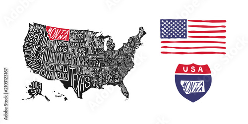 Montana highlighted on a hand-drawn map of the United States with flag and shield