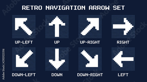 Tableau sur toile A set of eight pixelated retro navigation arrows pointing in various cardinal and intercardinal directions, suitable for vintage game interfaces or digital design