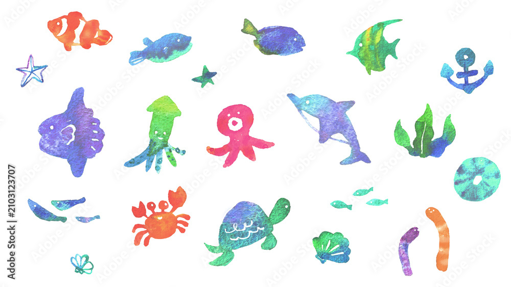Obraz premium 可愛い海の生き物と魚の手描き水彩イラストパーツセット（水族館・夏・アイコン素材） Cute sea creatures and fish hand-drawn watercolor illustration parts set (Aquarium, Summer)