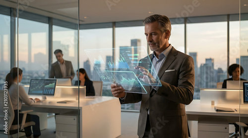 Businessman Interacting with Virtual Reality Interface and Holographic Data Screen in Corporate Office