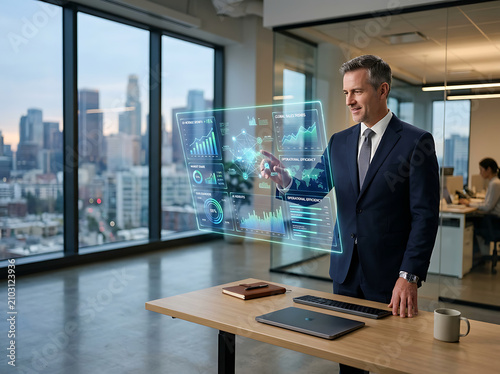 Corporate Businessman Analyzing Global Data on Futuristic Transparent Touch Screen Display