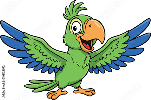 Tableau sur toile Cheerful green parrot with wings spread open tropical bird flying pose