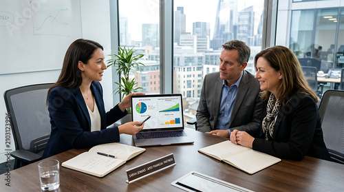 Business People Analyzing Financial Data and Charts on Laptop Screen in Modern Office Meeting