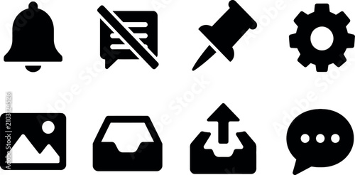 Fotografía Minimalist Black Vector UI Icons Set for Web and Mobile Apps - Featuring Notification Bell, Muted Chat, Pushpin, Settings Gear, Image Gallery, Inbox, Outbox, and Messaging Bubble Design