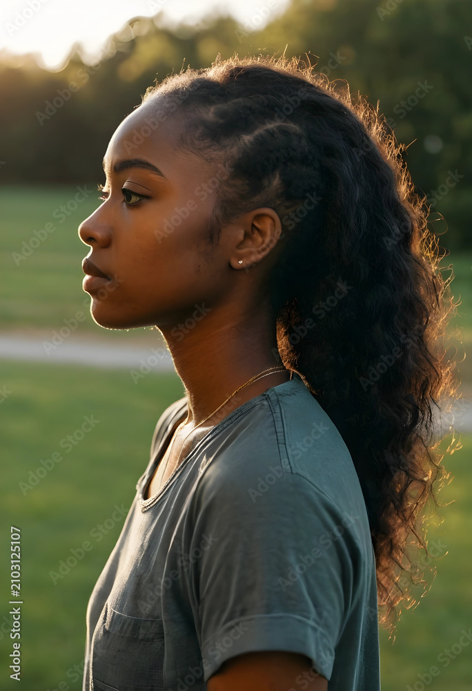 Fototapeta premium Young african american woman with long curly hair in profile outdoors during golden hour, the natural light highlights her features and hair, creating a serene and thoughtful mood