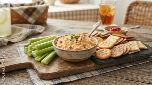 Southern Pimento Cheese Dip Served in Bowl with Celery Sticks and Crackers