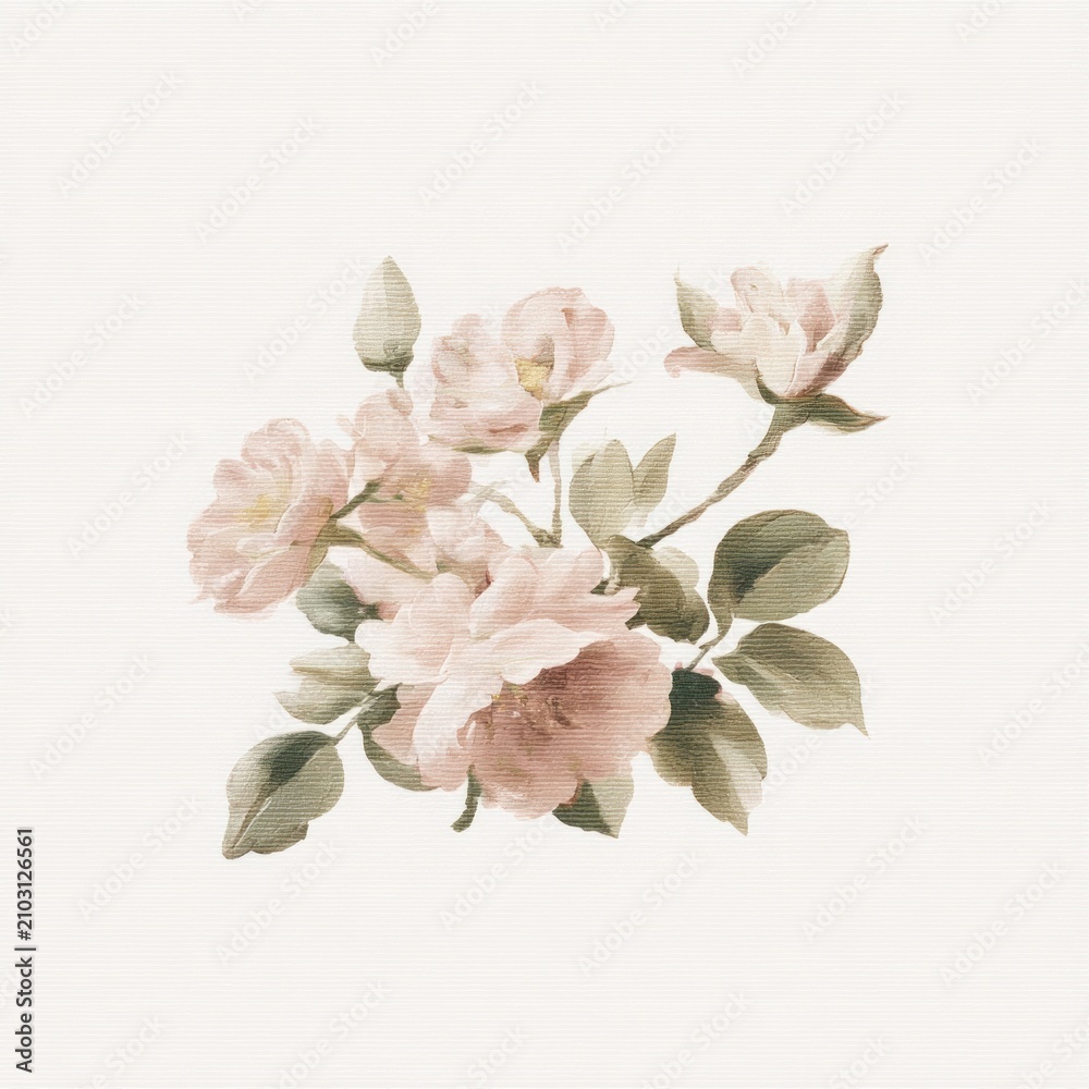 Obraz premium Soft watercolor pink flowers with green leaves on a clean white background.