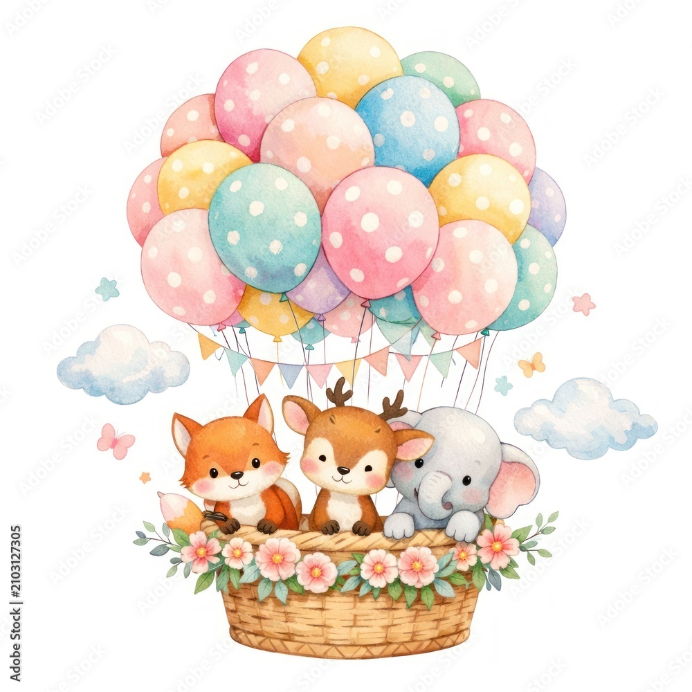 Fototapeta premium Cute animals in balloon basket.