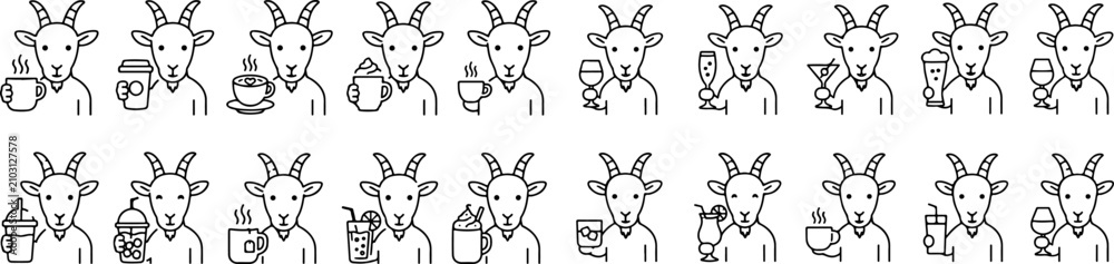 Fototapeta premium set of characters—specifically a goat holding various glasses and cups of drinks in its hooves—in a line art style