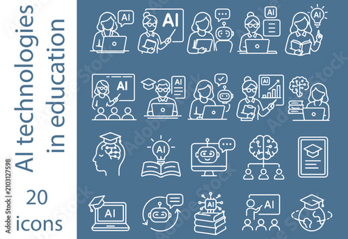 set of line-art icons depicting the application of artificial intelligence technologies in education, particularly in schools
