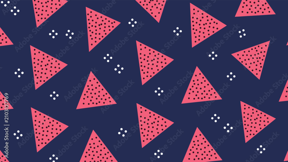 Fototapeta premium Dynamic seamless pattern featuring vibrant red speckled triangles interspersed with small white dots, creating an energetic and modern design on a dark blue background.