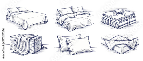 Bedding sketch set bed drawing including pillows, blankets, folded linens, mattress topper, and wooden chest storage illustrations in vintage hand drawn engraved style isolated on white background.