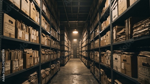 A dimly lit industrial archive storage room with rows of shelving units filled with cardboard boxes and files
