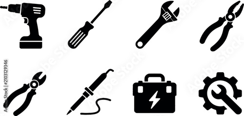 Canvastavla Essential Hand and Power Tool Icon Set for Professional Construction, Electrical Repair, and Home Improvement DIY Projects - Vector Icons including Drill, Wrench, and Pliers