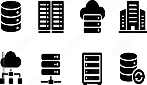 Bild auf Leinwand Comprehensive Data Center and Cloud Computing Icon Set Featuring Server Racks, D