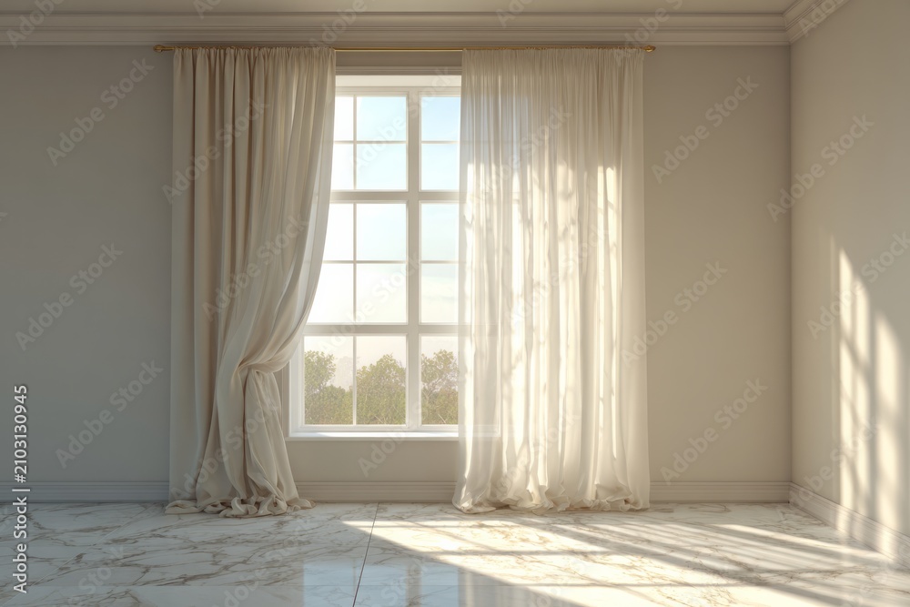 Fototapeta premium Empty room interior features sheer and opaque draperies framing a bright window with exterior foliage visible