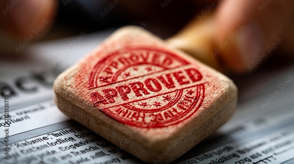 Fototapeta premium Close-up of a red 'approved' rubber stamp on official documents, signifying validation and legal confirmation of paperwork