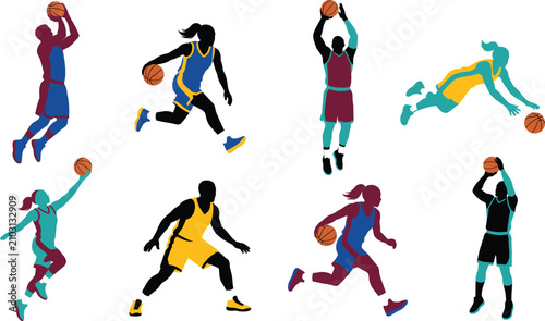 Fotografija Basketball players silhouettes set featuring male and female athletes dribbling