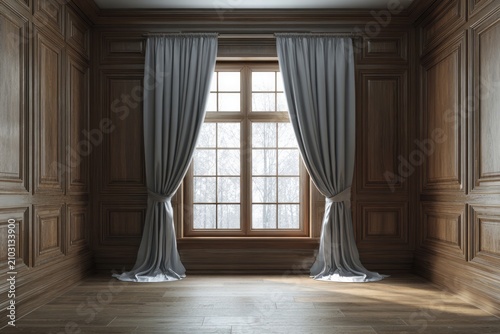 Elegant room interior features paneled walls and a large window with draped fabric