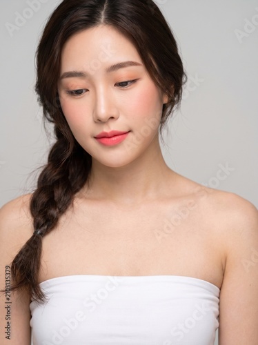 young woman with long dark braided hairstyle, natural makeup, wearing a white strapless tube top, looking downward, with a gentle expression, isolated on a light gray seamless studio background