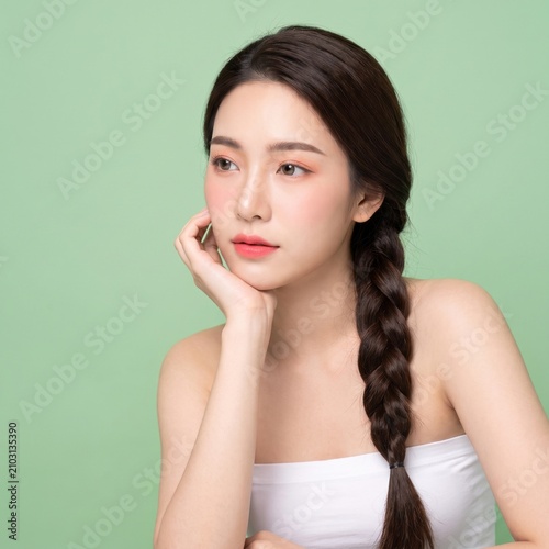 Young woman with long dark braided hairstyle, natural makeup, resting her chin on one hand, with a thoughtful expression, isolated on a pastel green background