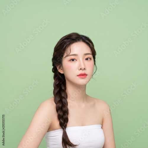 young woman with long dark braided hairstyle, natural makeup, wearing a white strapless tube top, sitting calmly, with a relaxed expression, isolated on a green pastel seamless studio background