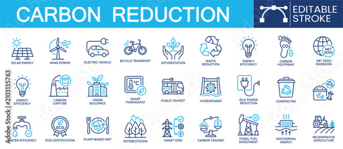 Foto Set of 27 outline icons related to carbon reduction
