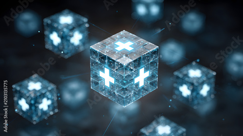 Secure healthcare data network cube with glowing medical cross icons and digital connections dark futuristic environment conveying protection