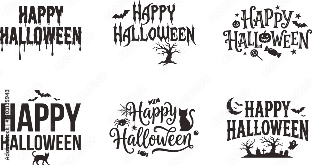 Fototapeta premium Spooky Happy Halloween typography set, black vector lettering with bats and pumpkins, creepy holiday calligraphy for party invitations and decor