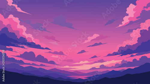Beautiful Purple Twilight Sky Flat Vector Landscape With Dramatic Clouds And Dark Mountain Horizon